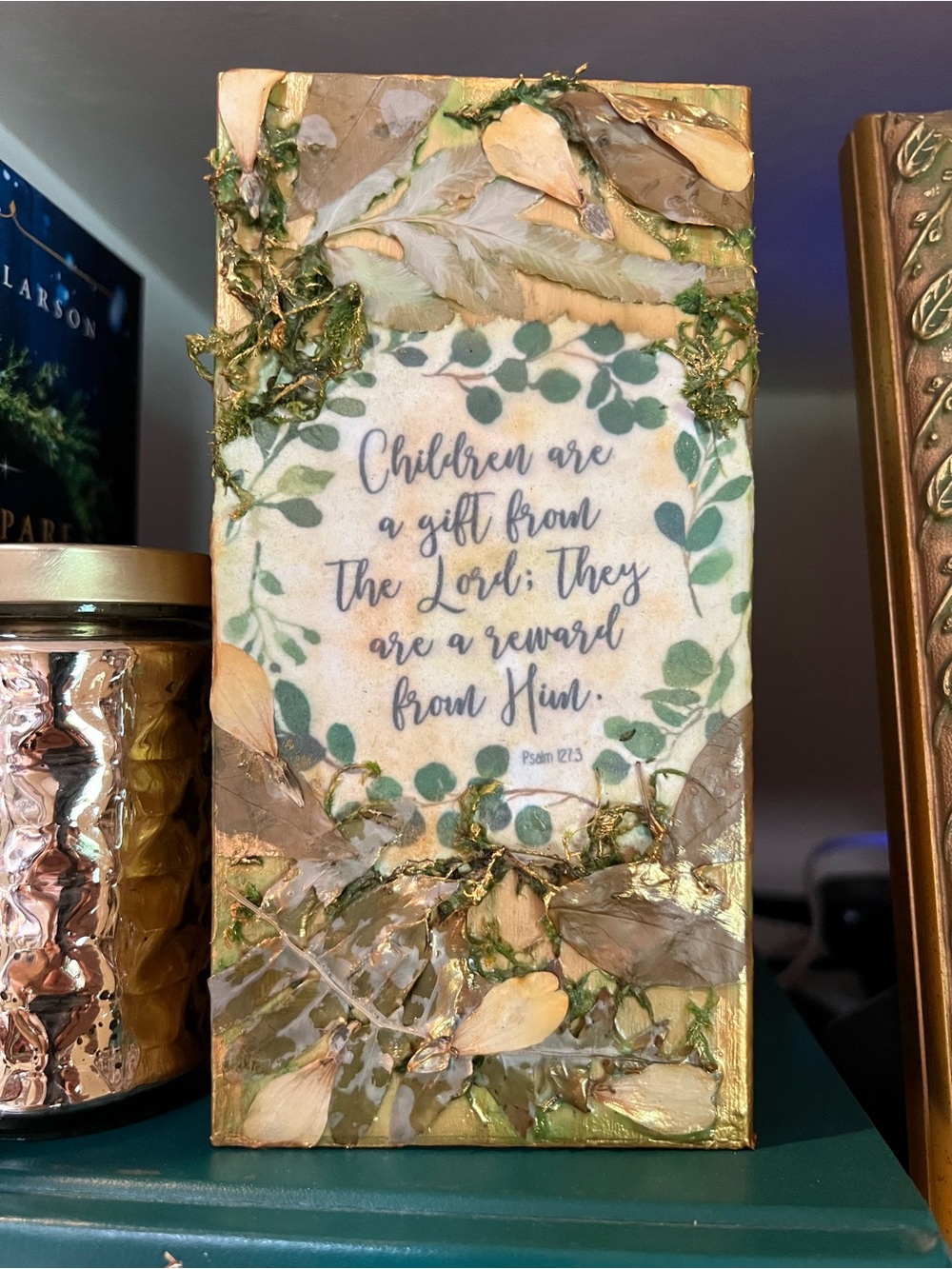 Ferns moss deco “Children are a gift” antique gold painted wood New- localartist